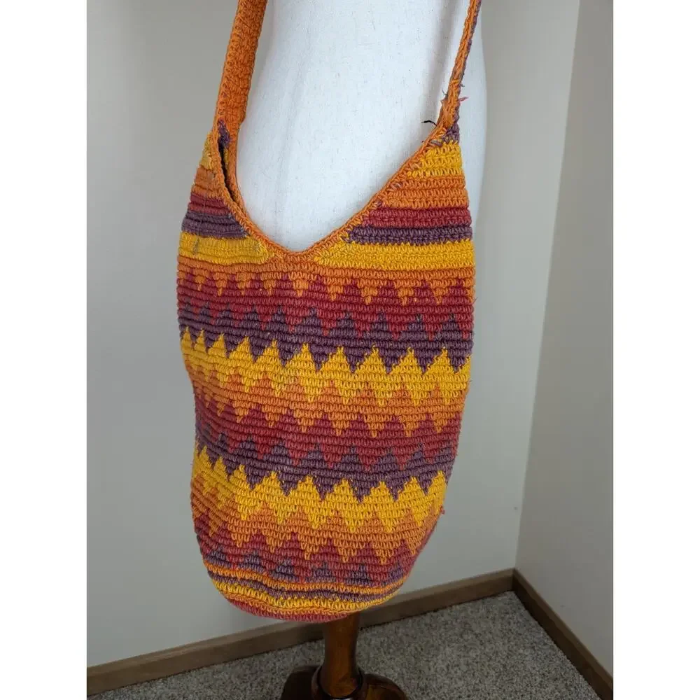 Vintage Red Yellow Orange Crochet Chevron Hobo Bucket Shoulder Bag Cross Body